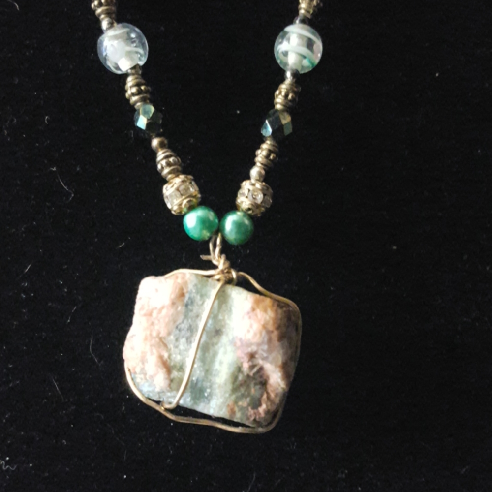 Green Aventurine Wrapped Pendant Multi Color Beads